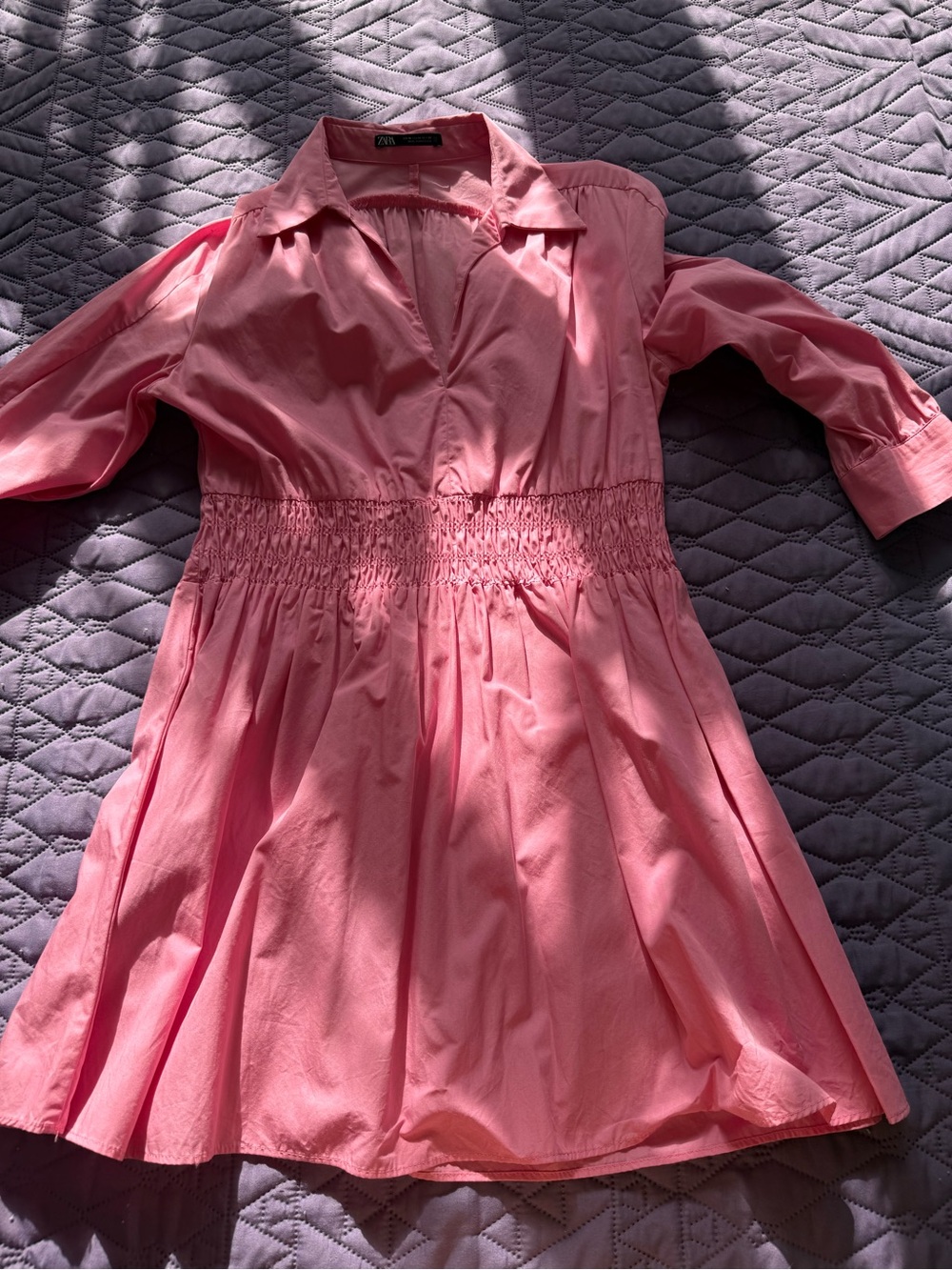 Zara Pink Shirred-Waist Casual Dress